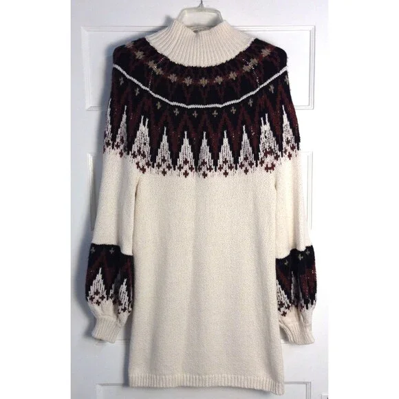 Free People Sweater Dress Wn XS Cream Cotton Wool Mohair Scotland Fair Isle Cozy - Picture 4 of 8